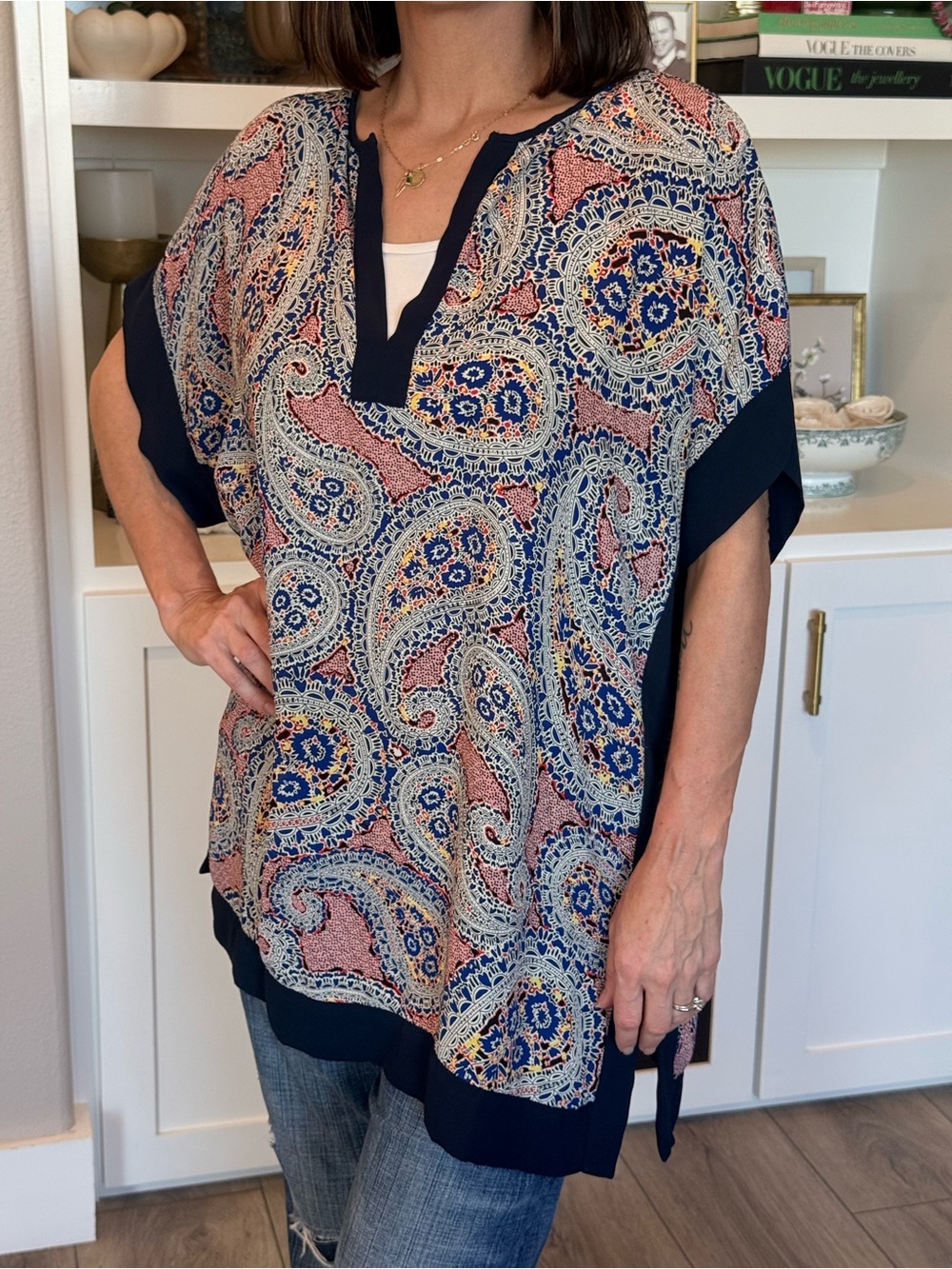 Vintage J CrewNavy Paisley V-Neck Tunic Top